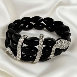 Chic Black Beaded Snake Stretch Bracelet • Crystal Wrap • Bold Statement Jewelry